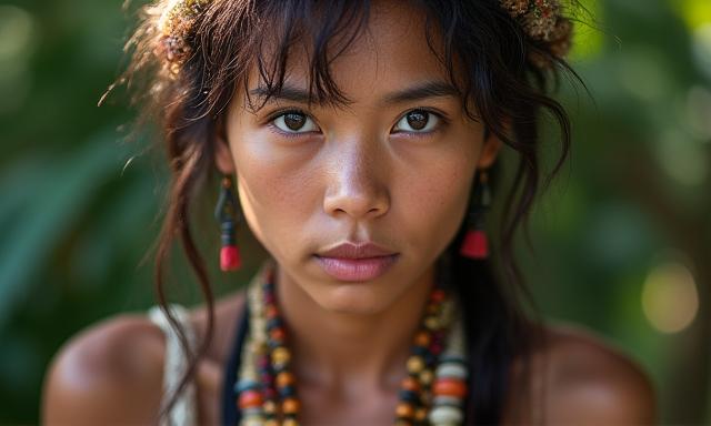 Seorang penduduk tempatan Borneo melihat ke arah kamera